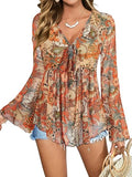 Women's 70s Country Concert Outfits Western Tops Paisley Boho Mesh Peplum V Neck Long Sleeve Blouse