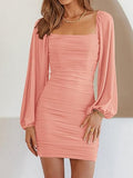 Women Elegant Square Neck Lantern Long Sleeve Mini Ruched Bodycon Dress Stretch Mesh Slim Party Cocktail Dresses
