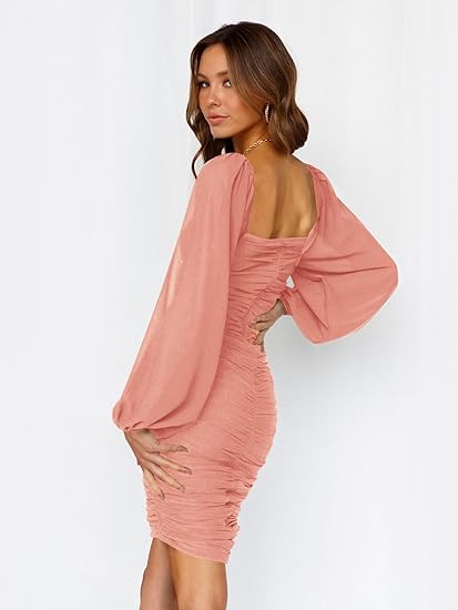 Women Elegant Square Neck Lantern Long Sleeve Mini Ruched Bodycon Dress Stretch Mesh Slim Party Cocktail Dresses