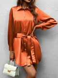 Women's Stain Long Sleeve Dress Button Down Shirts Tunic Dresses Casual V-Neck Mini Dress with Belt