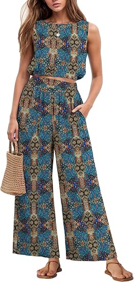 Two Piece Sets for Women Sleeveless Crop Top Wide Leg Pants Sweat Set