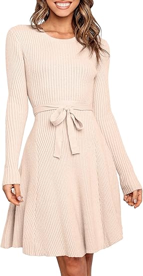 Women's Long Sleeve Midi Dress Crewneck Tie Waist A-Line Swing Casual –  Divahotcouture