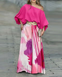 Pieces Outfit Skew Neck Batwing Sleeve Stretchy Hem Top and Casual Watercolor Ink Splash Print Zipper Fly Elastic Back Waist Wide Leg Pants Set without Belt