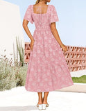Women‘s Summer Boho Floral Midi Dress 2026 Casual Short Sleeve Square Neck Flowy Beach Vacation Long Dress