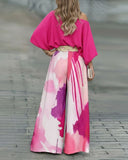 Pieces Outfit Skew Neck Batwing Sleeve Stretchy Hem Top and Casual Watercolor Ink Splash Print Zipper Fly Elastic Back Waist Wide Leg Pants Set without Belt