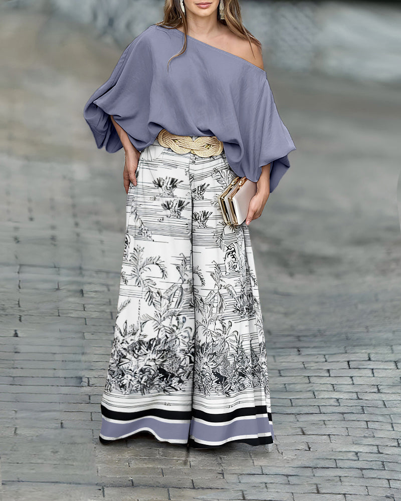 Pieces Outfit Skew Neck Batwing Sleeve Stretchy Hem Top and Casual Watercolor Ink Splash Print Zipper Fly Elastic Back Waist Wide Leg Pants Set without Belt