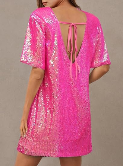 Women's Crew Neck Sequin Dress for Women Sexy V Neck Shirt Dresses Sparkly Shift Mini Dress