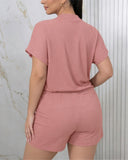 Women's Two Piece Ribbed Lounge Set Short Sleeve Notch Neck Top and Shorts Set with Pockets