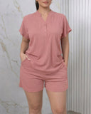 Women's Two Piece Ribbed Lounge Set Short Sleeve Notch Neck Top and Shorts Set with Pockets