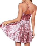 Women's Crushed Velvet Spaghetti Straps Sexy V Neck Club Party Pleated Swing Skater Dress