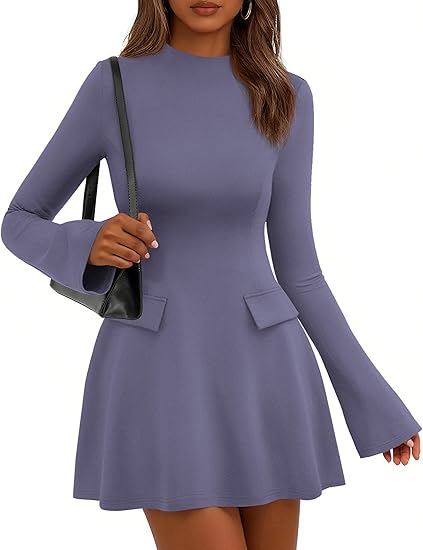 Women's Fall Mini Dress Long Bell Sleeve Mock Neck Bodycon Elegant Wor Divahotcouture Women's Fall Mini Dress Long Bell Sleeve Mock Neck Bodycon Elegant Wor Divahotcouture