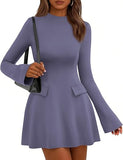 Women's Fall Mini Dress  Long Bell Sleeve Mock Neck Bodycon Elegant Work Wedding Guest Party Short Dresses