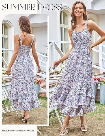 Women's 2026 Summer Floral Boho Dress Square Neck Strapped Swing A Line Sundress Beach Long Maxi Outfits