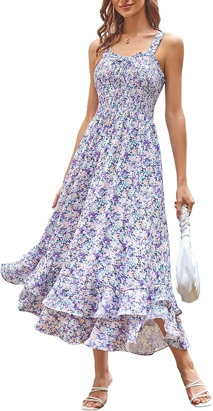 Women's 2026 Summer Floral Boho Dress Square Neck Strapped Swing A Line Sundress Beach Long Maxi Outfits