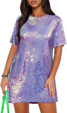 Women's Crew Neck Sequin Dress for Women Sexy V Neck Shirt Dresses Sparkly Shift Mini Dress