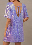 Women's Crew Neck Sequin Dress for Women Sexy V Neck Shirt Dresses Sparkly Shift Mini Dress