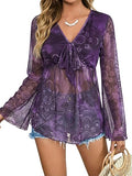 Women's 70s Country Concert Outfits Western Tops Paisley Boho Mesh Peplum V Neck Long Sleeve Blouse