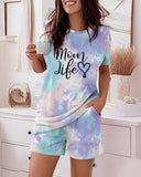 2 Pieces Outfit Letter Print Short Sleeve Top and Elastic Waist Shorts Set Casual Tie Dye Print Pajamas Set with Pockets