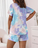 2 Pieces Outfit Letter Print Short Sleeve Top and Elastic Waist Shorts Set Casual Tie Dye Print Pajamas Set with Pockets