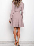 Women's Long Sleeve Midi Dress Crewneck Tie Waist A-Line Swing Casual Bodycon Ribbed Knit  Fall Sweater Dress