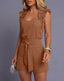 Women's 2 Piece Shorts Set Ruffle Strap Sleeveless Top and High Waisted Shorts with Pockets