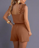 Women's 2 Piece Shorts Set Ruffle Strap Sleeveless Top and High Waisted Shorts with Pockets