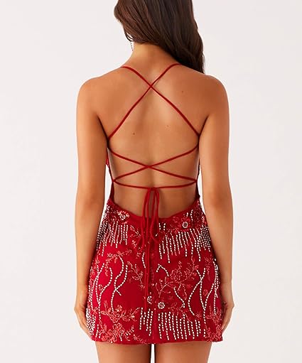 Red Mini Sequin Beaded Halter Dress for Women Sexy Sparkle Backless Mini Dress F