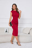 Women's Mock Neck Side Slit Ruched Bodycon Cocktail Party Wedding Guest Midi Dress