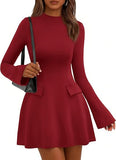 Women's Fall Mini Dress  Long Bell Sleeve Mock Neck Bodycon Elegant Work Wedding Guest Party Short Dresses