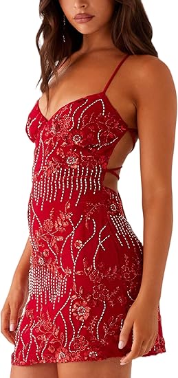 Red Mini Sequin Beaded Halter Dress for Women Sexy Sparkle Backless Mini Dress Floral Embellished Rhinestone Club Dresses