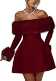 Women's Off Shoulder Long Sleeve Fur Trim A-Line Party Club Mini Dress