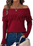 Womens Off The Shoulder Sweater Fall Fringe Long Sleeve Loose Pullover Sweaters Tops