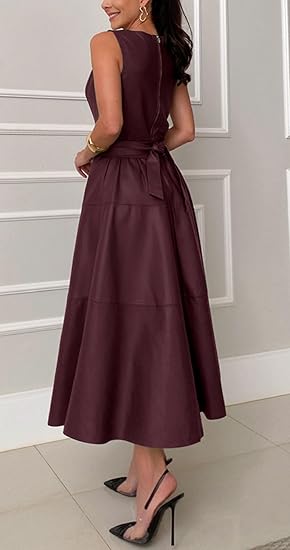 knee length dresses for ladies Women PU Faux Leather Sleeveless Elegant Flowy Long Dress Party Night –  Divahotcouture