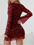 Women's Leopard Print Mini Dress  Bell Long Sleeve Cheetah Short Dresses Going Out Fall