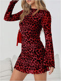 Women's Leopard Print Mini Dress  Bell Long Sleeve Cheetah Short Dresses Going Out Fall