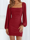 Women Elegant Square Neck Lantern Long Sleeve Mini Ruched Bodycon Dress Stretch Mesh Slim Party Cocktail Dresses