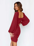 Women Elegant Square Neck Lantern Long Sleeve Mini Ruched Bodycon Dress Stretch Mesh Slim Party Cocktail Dresses