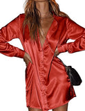 Women's Stain Long Sleeve Dress Button Down Shirts Tunic Dresses Casual V-Neck Mini Dress with Belt