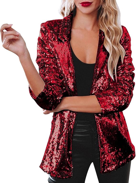 Blazer for Women Shimmer Jacket Casual Long Sleeve Glitter Party Shiny Lapel Coat Rave Lightweight Blazer Coat(S-3XL)
