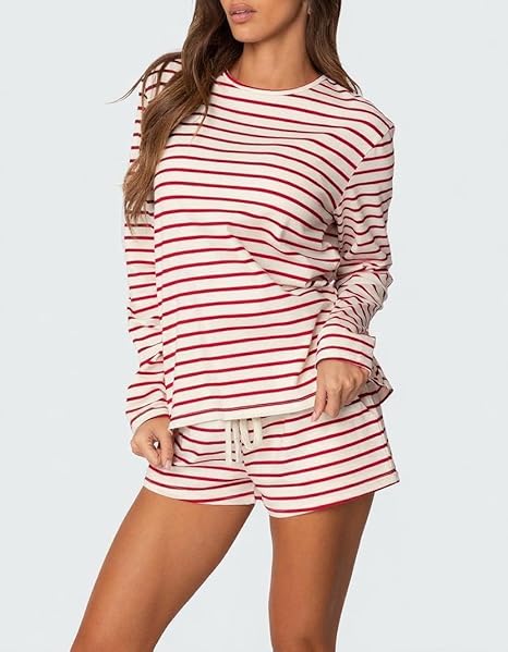 Women Striped 2 Piece Outfits Long Sleeve Sweatshirt Lounge Shorts Set Casual Color Block Matching Sets