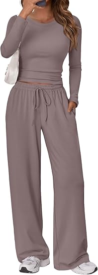Women's 2 Piece Matching Lounge Set Long Sleeve Slightly Crop Top Wide Leg Pants