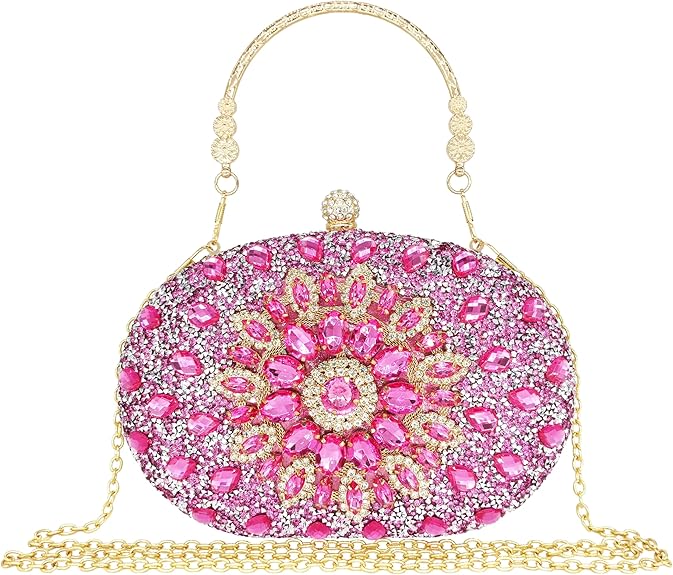 Clutch Purses for Women Evening Wedding Formal - Round Pearl Clasp Handbag - Crystal Diamond Bag