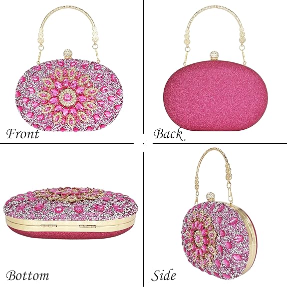 Clutch Purses for Women Evening Wedding Formal - Round Pearl Clasp Handbag - Crystal Diamond Bag