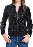 Womens Sequin Jacket with Pockets Casual Long Sleeve Front Zip Party Bomber Blazer S-2XL