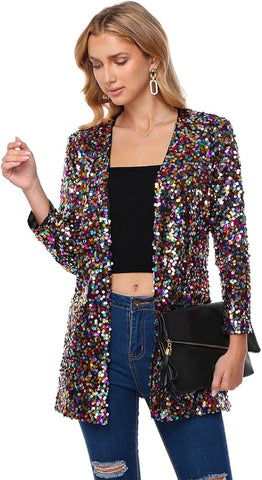 Women's Sequin Jacket Long Sleeve Open Front Blazer Glitter Sparkly Coat Party Casual Cardigan