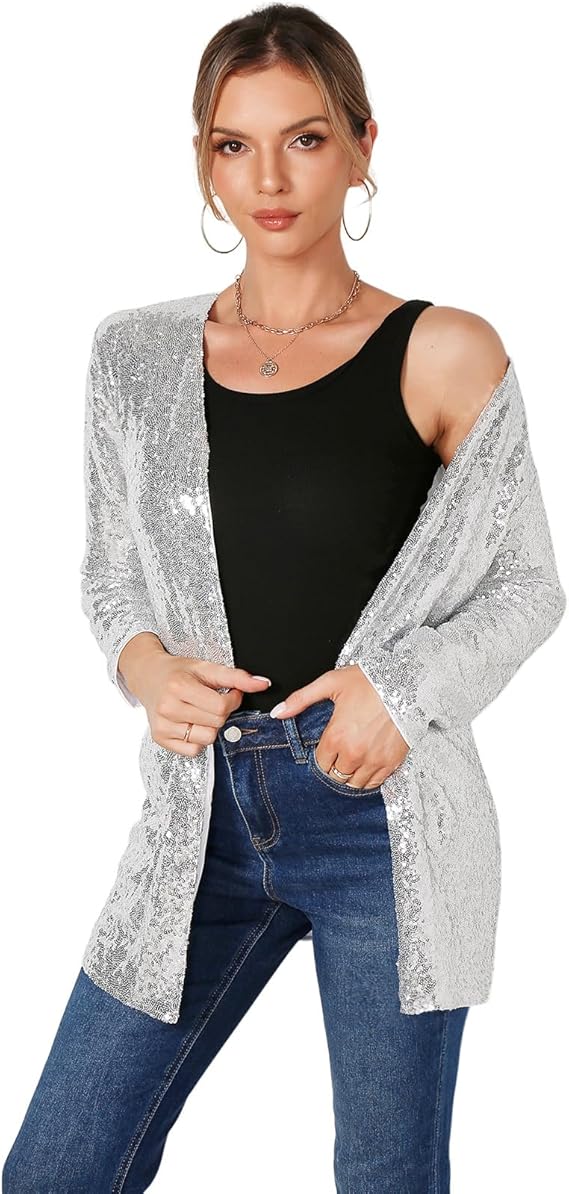 Women's Sequin Jacket Long Sleeve Open Front Blazer Glitter Sparkly Coat Party Casual Cardigan