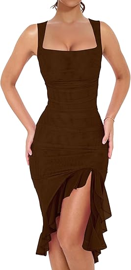 Women's Sexy Ruched Bodycon Midi Dresses Square Neck Sleeveless Ruffle – Divahotcouture