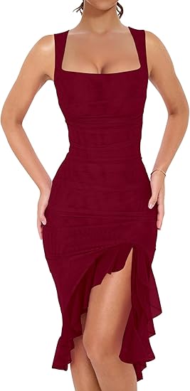 Women's Sexy Ruched Bodycon Midi Dresses Square Neck Sleeveless Ruffle –  Divahotcouture