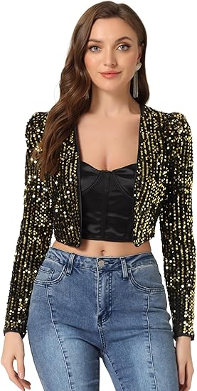 Women's Sequin Shrug Open Front Collarless Glitter Sparkly Crop Blazer Jacket(up to 3XL)