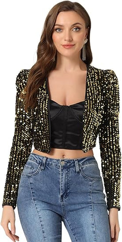 Women's Sequin Shrug Open Front Collarless Glitter Sparkly Crop Blazer Jacket(up to 3XL)